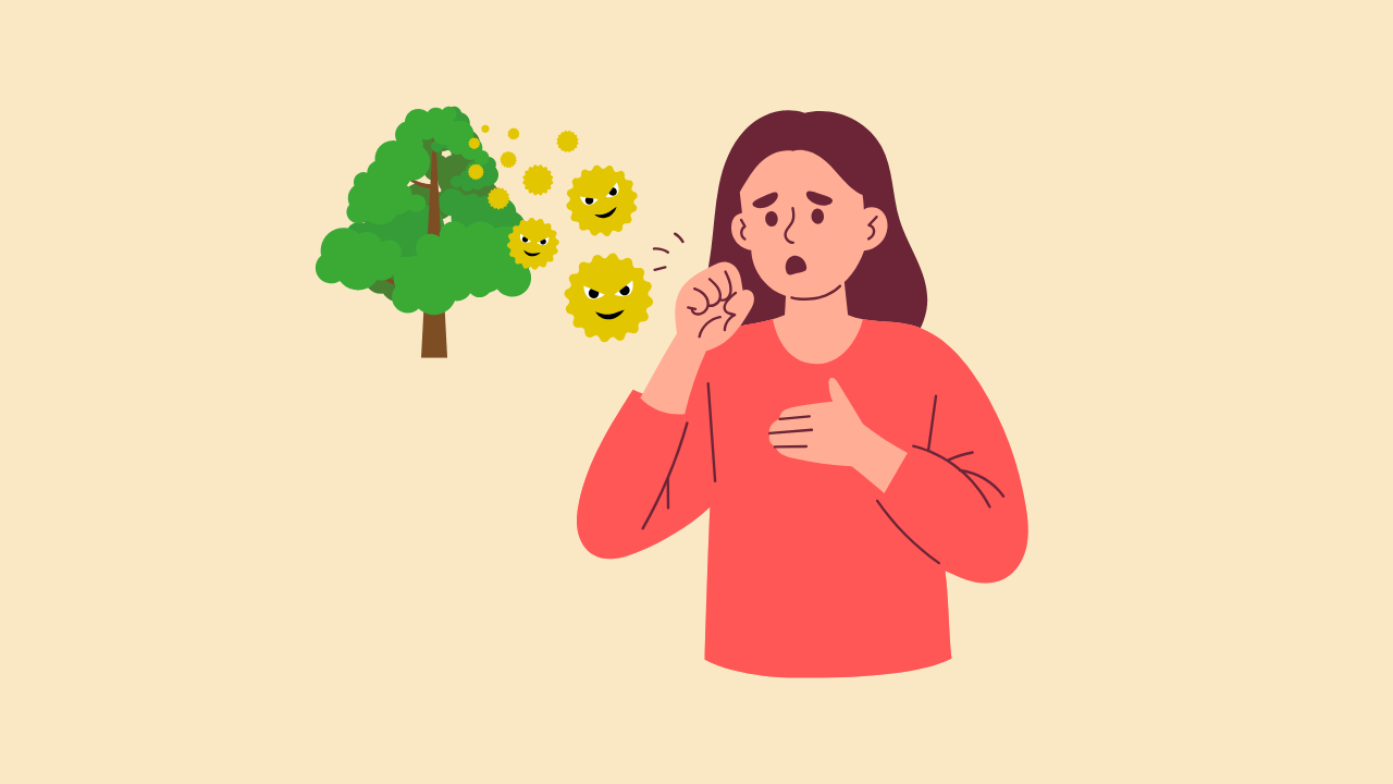 花粉症による呼吸器症状に苦しんでいる女性の様子。